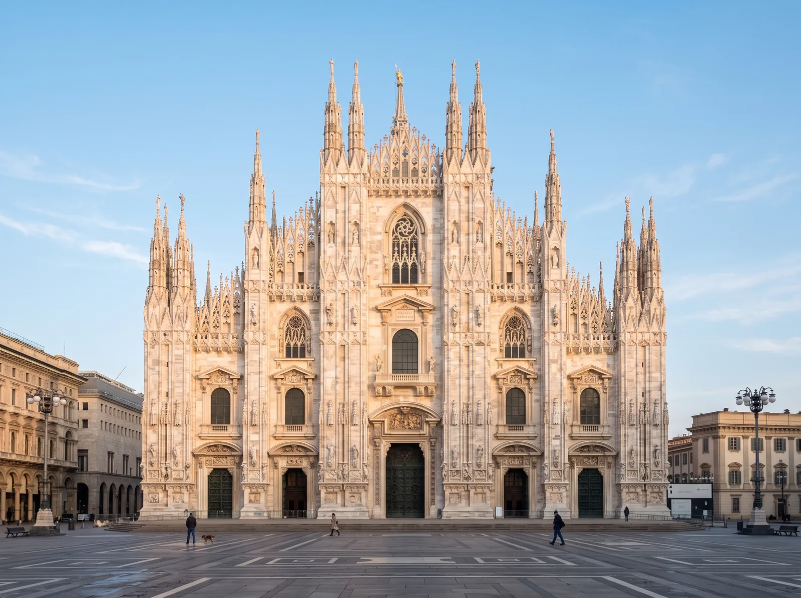 The marble facade of the Duomo di Milano and its spires seen from Piazza del Duomo in early-morning light